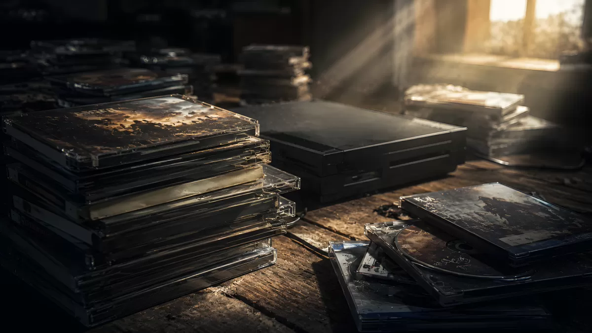 Verlassene Spielekonsole mit verstaubten CD-Hüllen