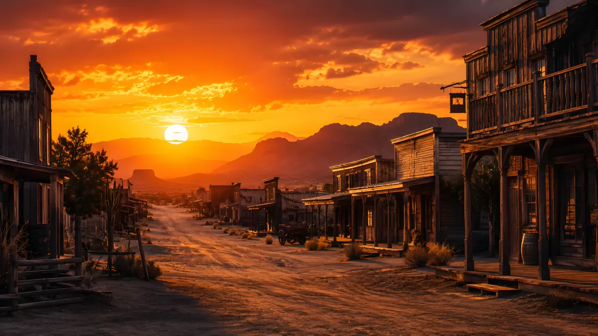 Verlassene Westernstadt bei glutrotem Sonnenuntergang