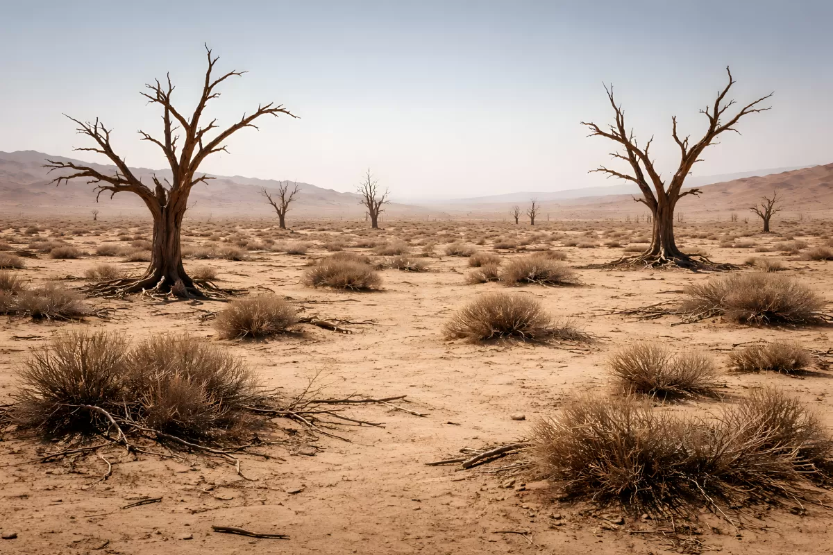 Verlassene Wüstenlandschaft mit abgestorbenen Bäumen