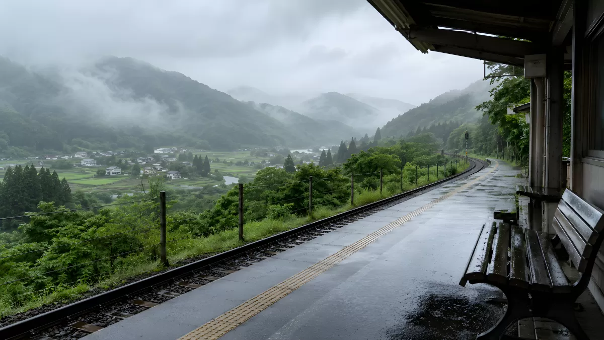 Verlassener Bahnsteig im Regen mit Bergpanorama