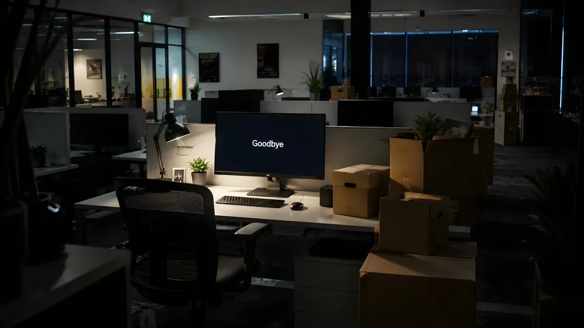 Verlassener Büroarbeitsplatz mit Goodbye auf dem Monitor