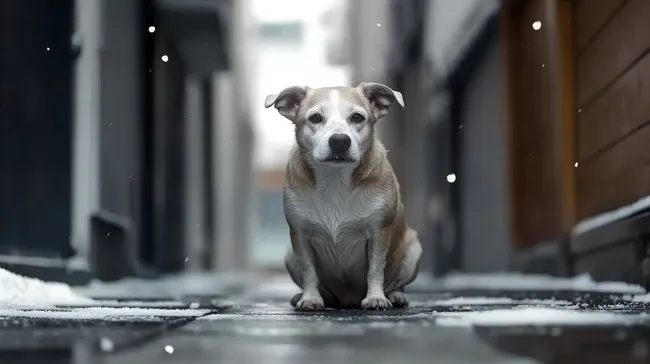 Verlassener Hund im verschneiten Gässchen