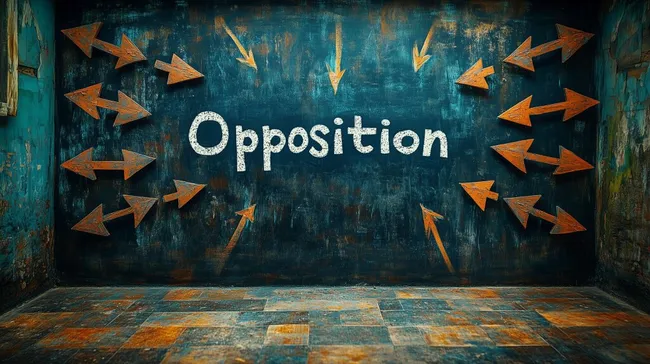 Verlassener Industrieraum mit Opposition-Graffiti und Pfeilen