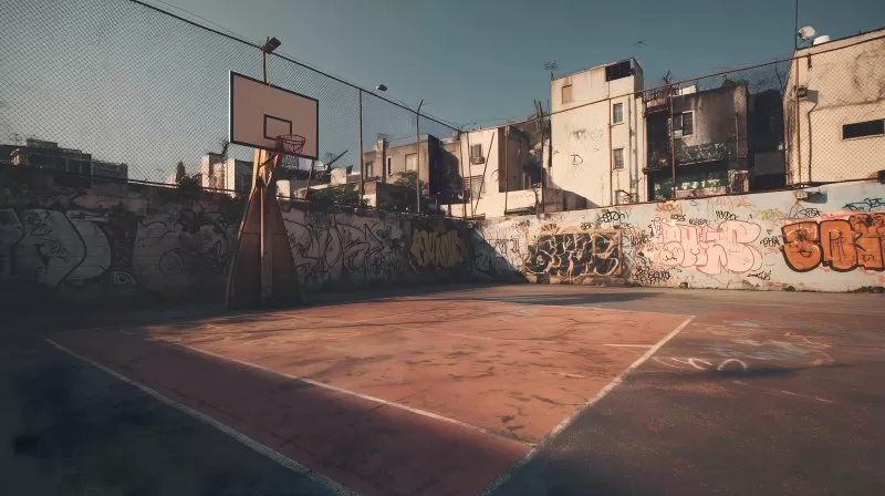 Verlassener Street-Basketballplatz mit Graffiti