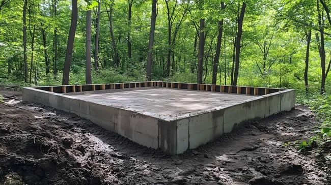 Verlassenes Betonfundament in grünem Waldgebiet