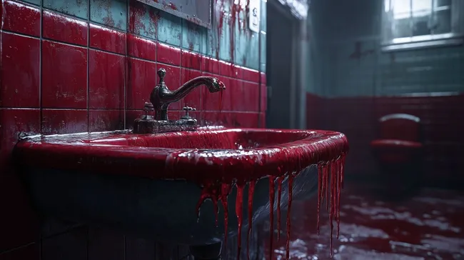 Verlassenes, blutverschmiertes Waschbecken in dunkler Umgebung