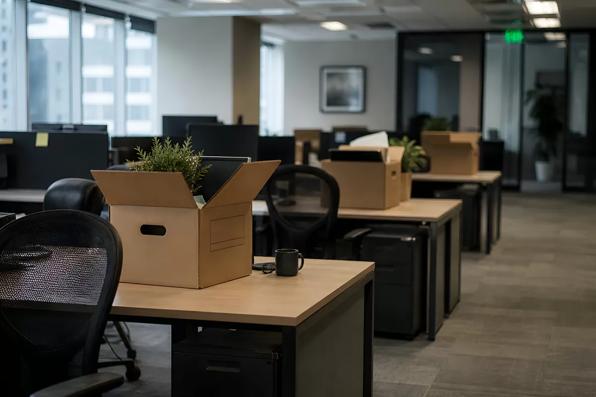 Verlassenes Büro mit Umzugskartons auf dem Schreibtisch