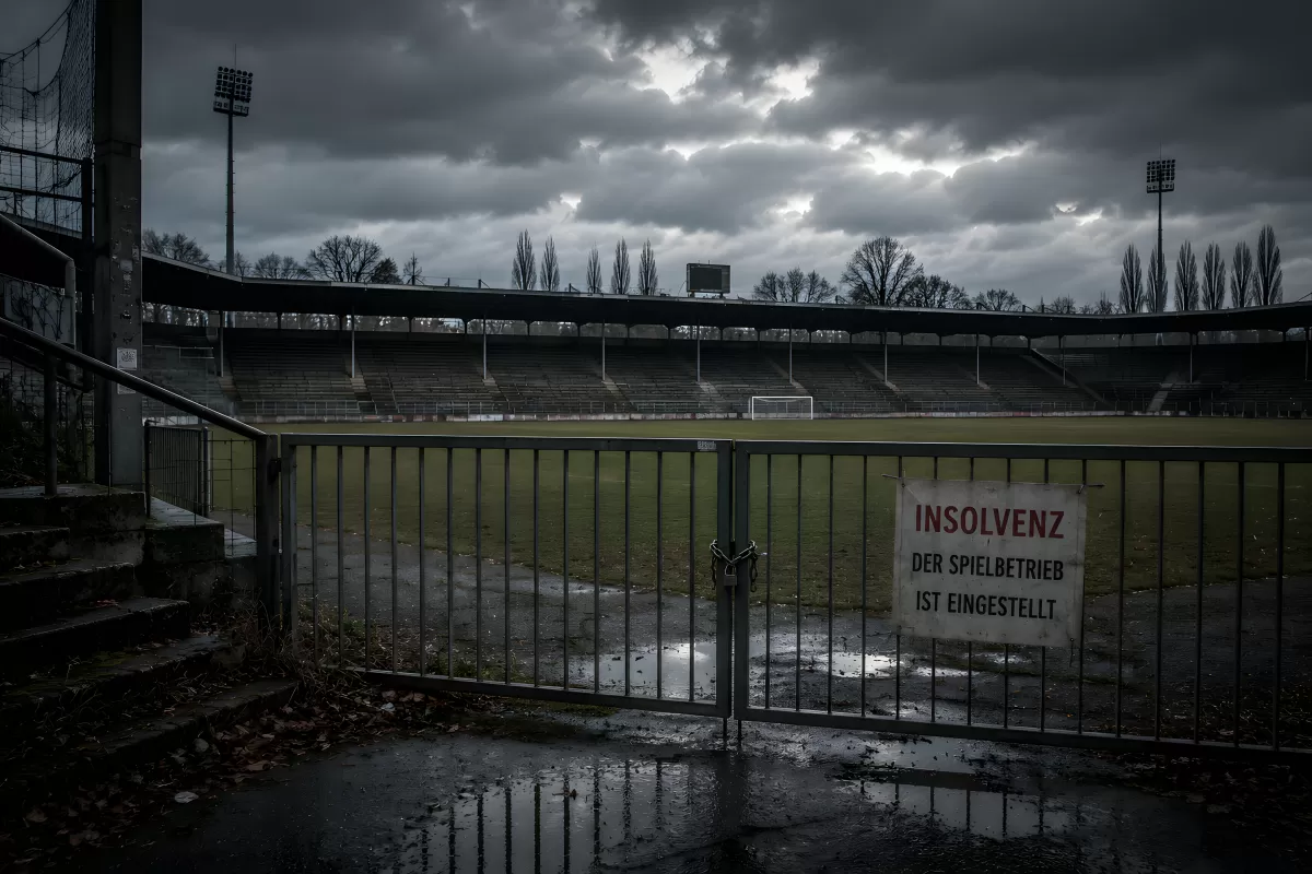 Verlassenes Fußballstadion mit Insolvenz-Schild