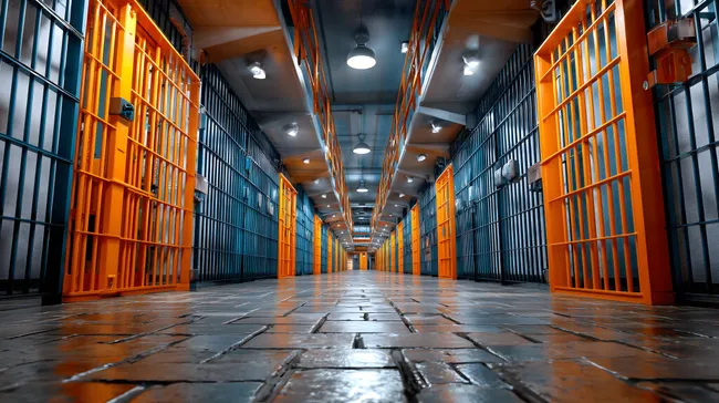 Verlassenes Gefängnisflur mit nasser Betonoberfläche