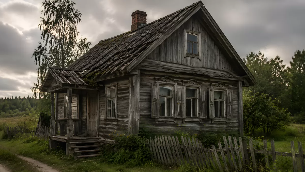 Verlassenes Holzhaus in ländlicher Russland-Atmosphäre