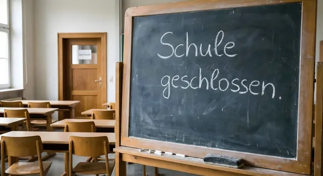 Verlassenes Klassenzimmer mit Hinweis auf Tafel