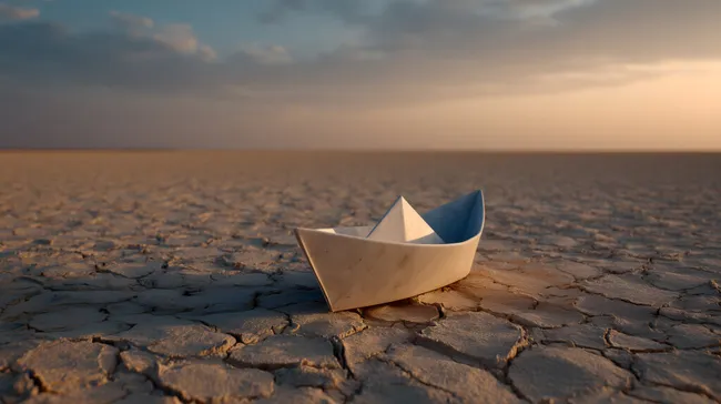 Verlassenes Papierboot in ausgetrockneter Landschaft