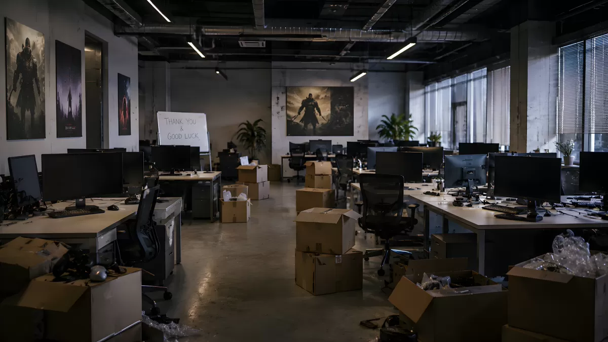Verlassenes Spieleentwickler-Büro mit Umzugskartons