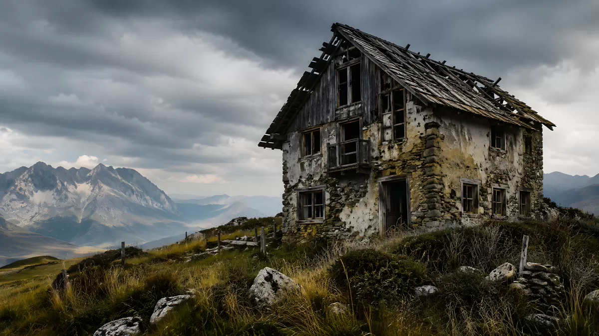 Verlassenes Steinhaus in alpiner Berglandschaft