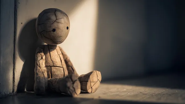 Verletzliche hölzerne Spielpuppe in dunkler Ecke