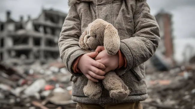 Verletzliches Kind hält Plüschtier in zerstörter Umgebung