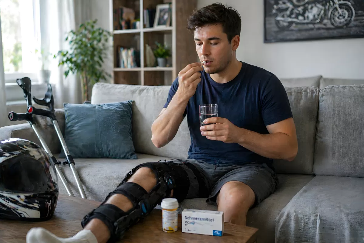 Verletzter Mann mit Knieschiene nimmt Schmerzmittel