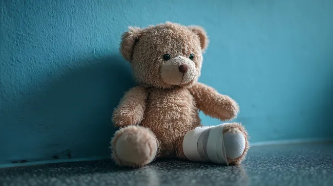 Verletzter Teddybär an türkiser Wand