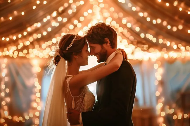 Verliebte Braut und Bräutigam unter Lichterketten