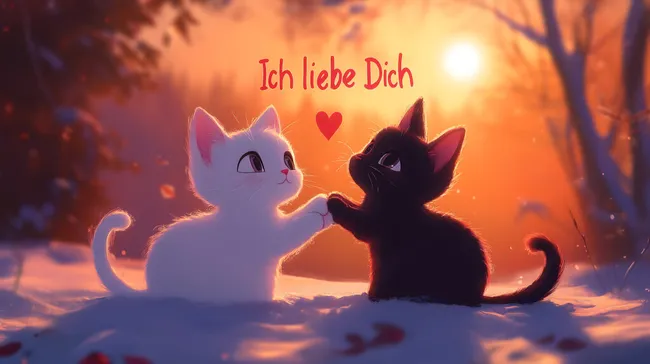 Verliebte Kätzchen im winterlichen Sonnenuntergang