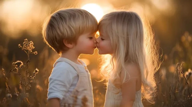 Verliebte Kinder im romantischen Sonnenuntergang