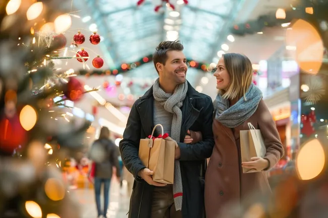 Verliebtes Paar auf dem weihnachtlich geschmückten Weihnachtsmarkt