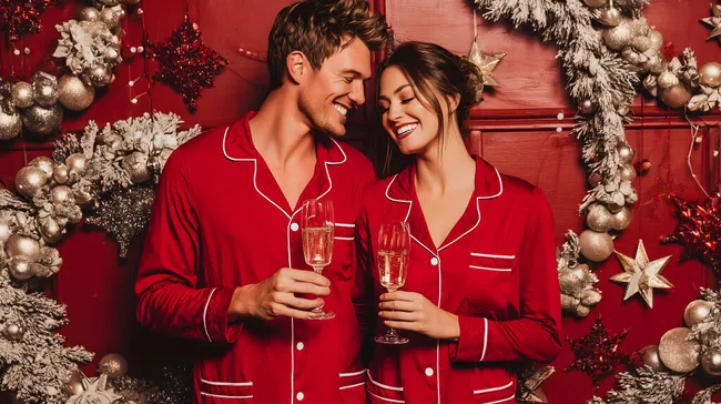 Verliebtes Paar feiert Weihnachten in roten Pyjamas