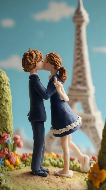 Verliebtes Paar in Knete vor Eiffelturm in Paris