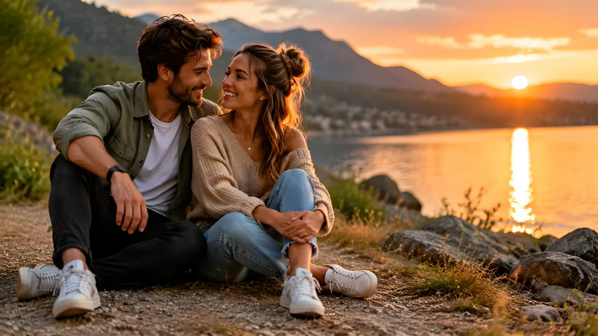 Verliebtes Paar sitzt bei Sonnenuntergang am See
