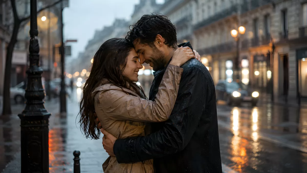 Verliebtes Paar umarmt sich im Regen auf Pariser Straße