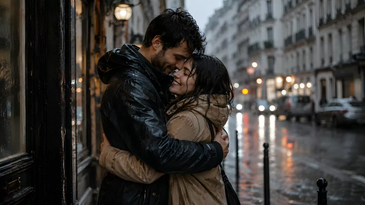 Verliebtes Paar umarmt sich im Regen einer Stadtstraße