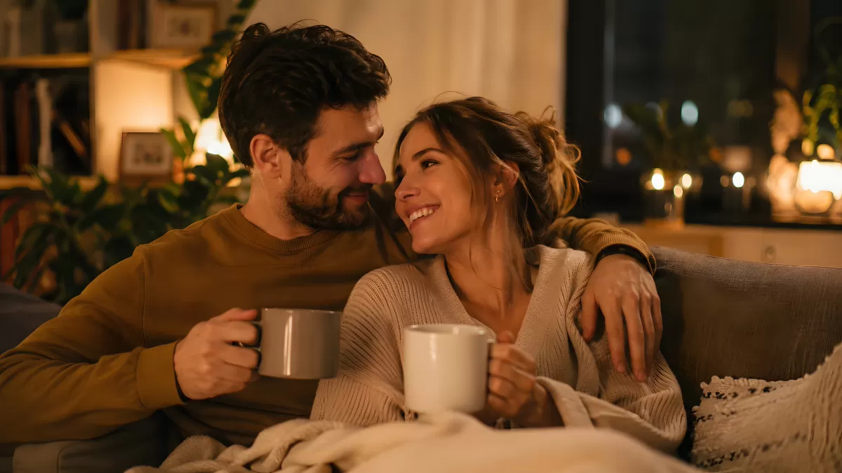 Verliebtes Pärchen mit Kaffeetassen auf dem Sofa