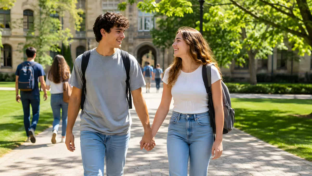 Verliebtes Studentenpaar hält Händchen auf dem Campus