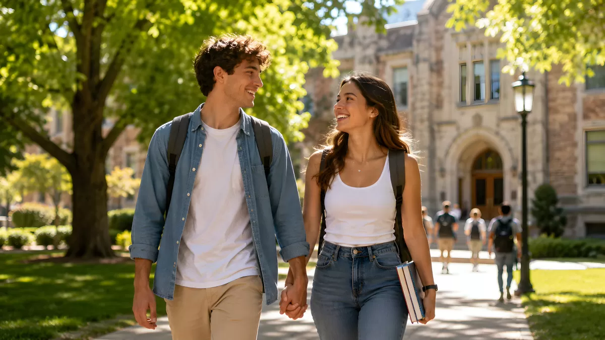 Verliebtes Studentenpaar läuft Hand in Hand über Campus