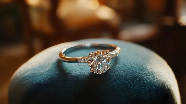 Verlobungsring mit glänzendem Diamanten auf samtigem Kissen