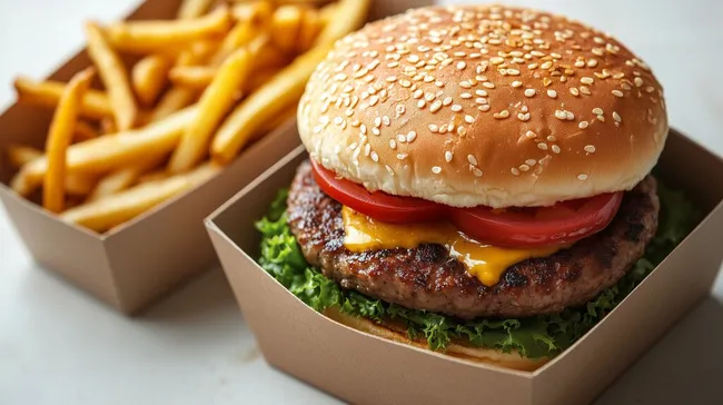 Verlockende Hamburger-Mahlzeit in umweltfreundlicher Schachtel