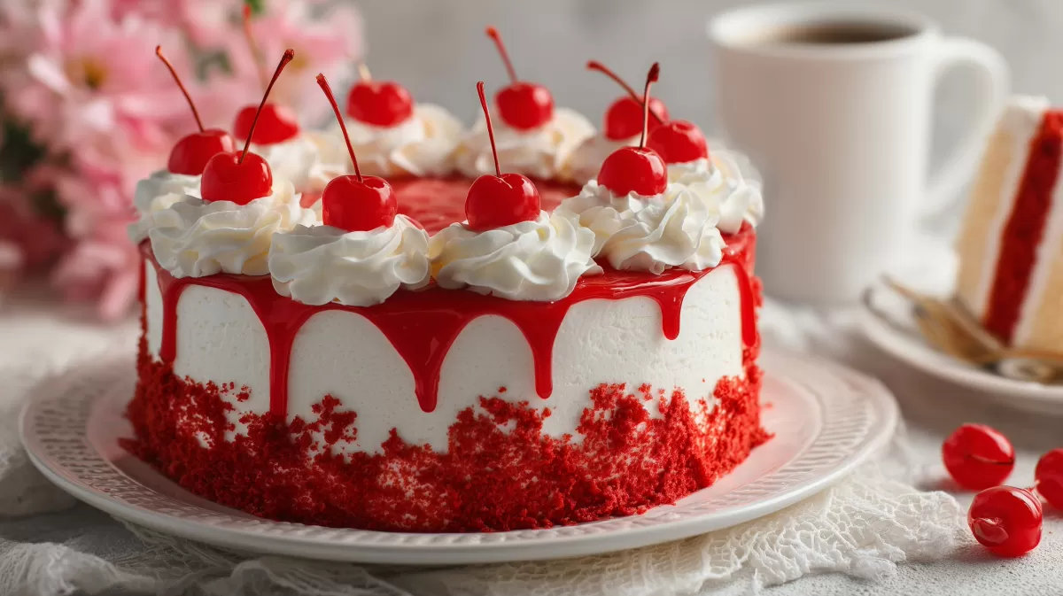 Verlockende rote Samt-Torte mit Sahnehaube und Kirschen