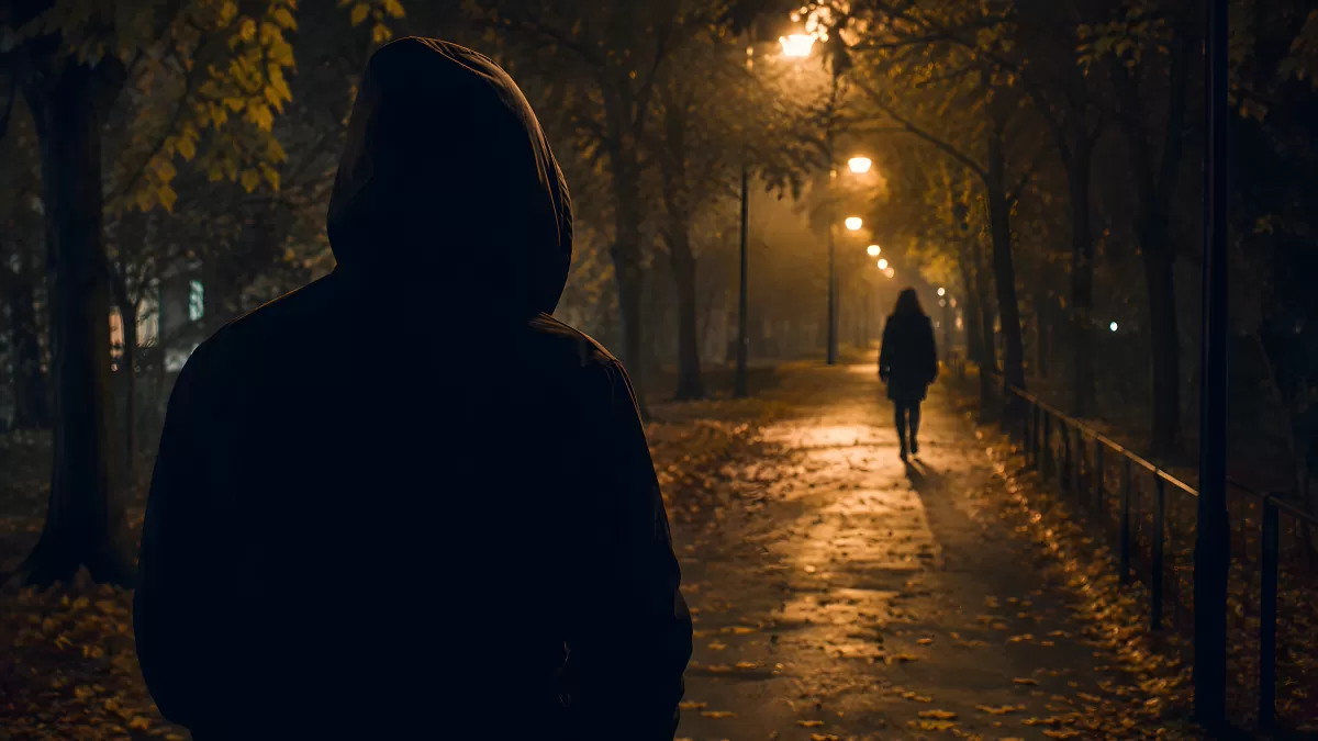 Vermummte Gestalt beobachtet Frau im Nachtpark