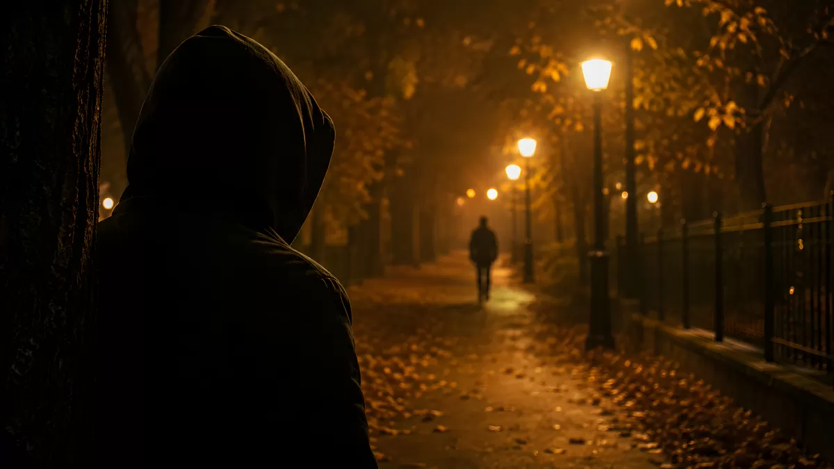 Vermummte Gestalt beobachtet Fußgänger im Herbstpark