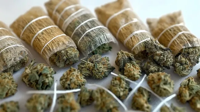 Verpackte Cannabisblüten und -produkte auf weißem Hintergrund