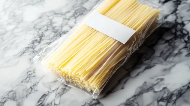 Verpackte Pasta auf marmorierter Küchenoberfläche