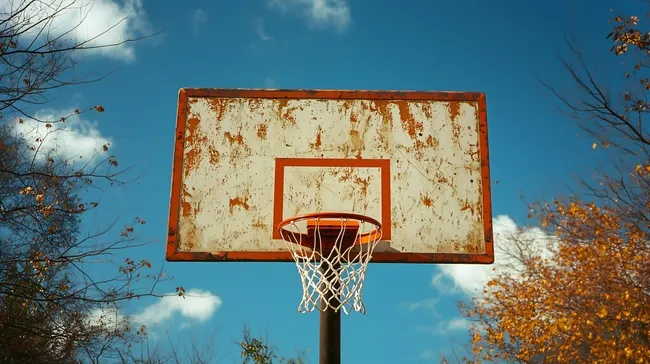Verrosteter Basketballkorb in herbstlicher Umgebung