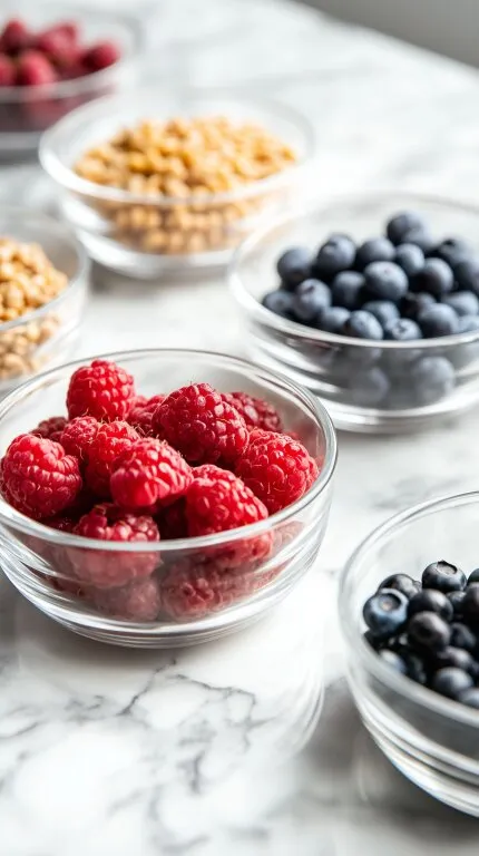 Verschiedene Beerenfrüchte in Glasschalen auf Marmor