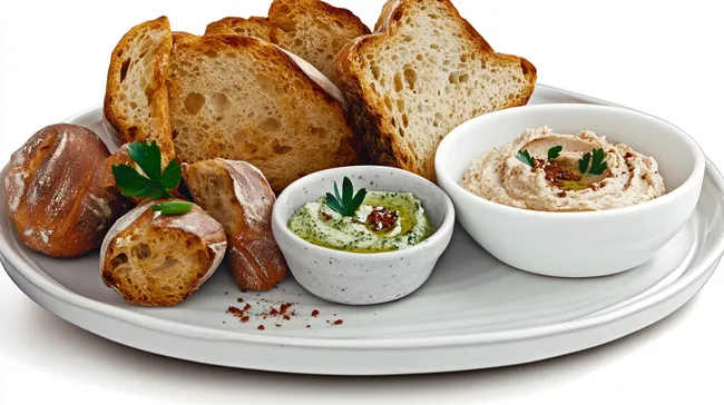 Verschiedene Brotsorten und Dips auf rustikaler Platte