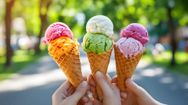 Verschiedene Eissorten in Waffelförmchen im Freien