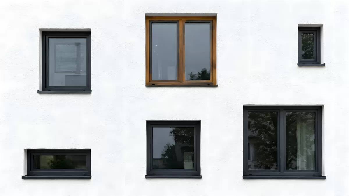Verschiedene Fenstertypen an weißer Hausfassade