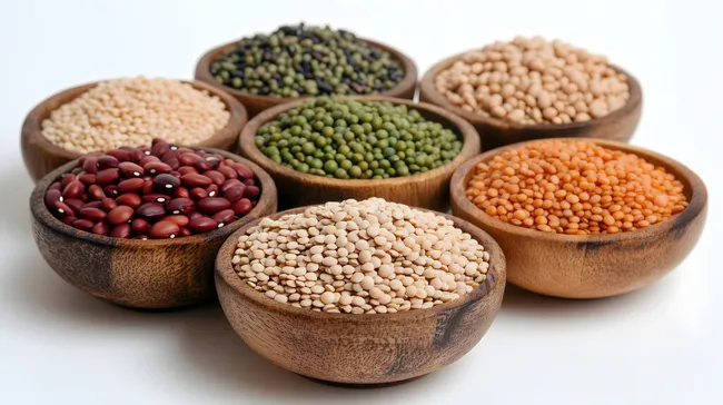 Verschiedene Hülsenfrüchte in rustikalen Holzschalen