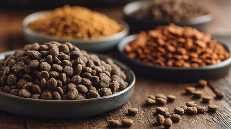 Verschiedene Hundefutter-Sorten auf Tellern