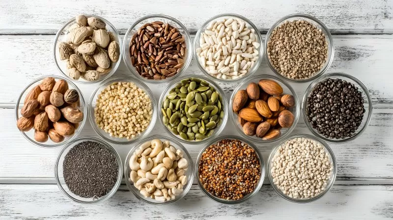 Verschiedene Körner und Samen in Schalen arrangiert