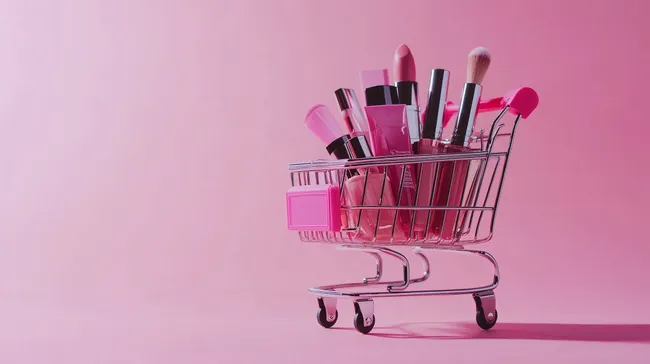 Verschiedene Kosmetikprodukte in Einkaufswagen auf rosa Hintergrund